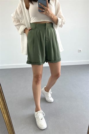 Haki Tensel Duble Paça Pilili Şort