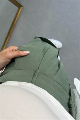 Haki Tensel Duble Paça Pilili Şort