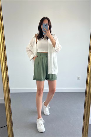 Haki Tensel Duble Paça Pilili Şort