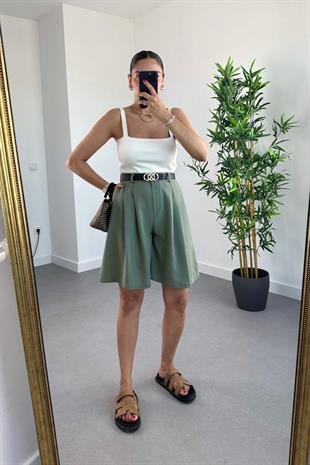 Hilox Haki Belden Pens Dikişli Şehir Boy Keten Şort