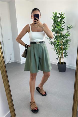 Hilox Haki Belden Pens Dikişli Şehir Boy Keten Şort