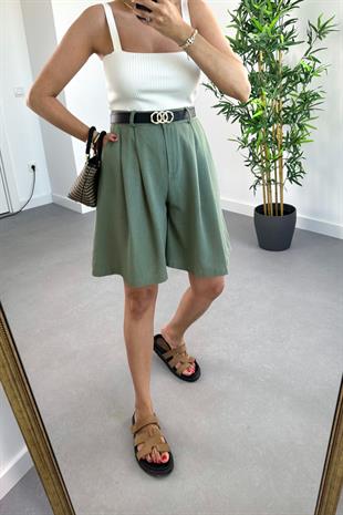 Hilox Haki Belden Pens Dikişli Şehir Boy Keten Şort