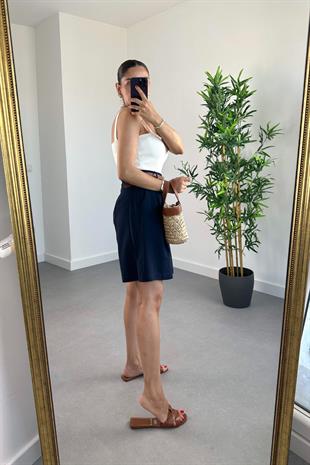 Hilox Lacivert Belden Pens Dikişli Şehir Boy Keten Şort