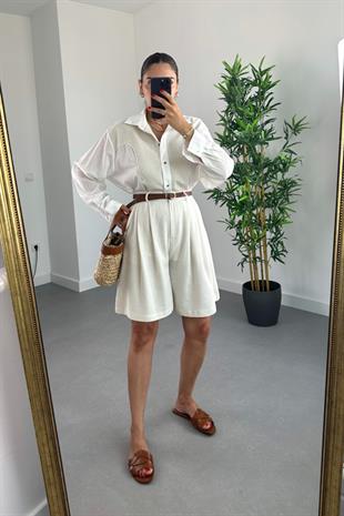 Hilox Natural Belden Pens Dikişli Şehir Boy Keten Şort