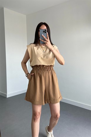 Kahverengi Keten Duble Paça Şort