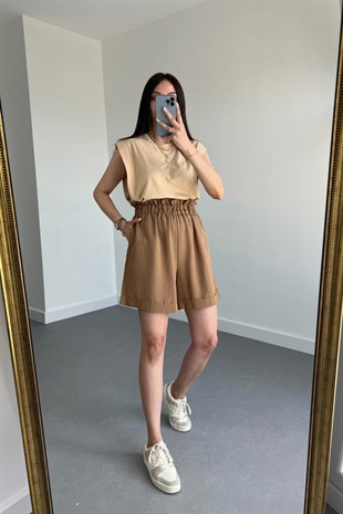 Kahverengi Keten Duble Paça Şort