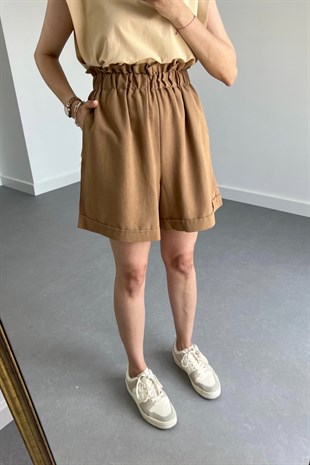 Kahverengi Keten Duble Paça Şort