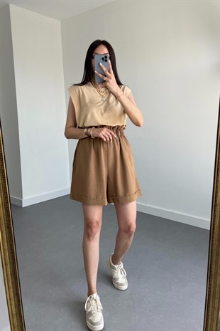 Kahverengi Keten Duble Paça Şort