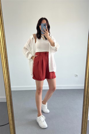 Kiremit Tensel Duble Paça Pilili Şort