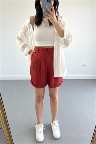 Kiremit Tensel Duble Paça Pilili Şort