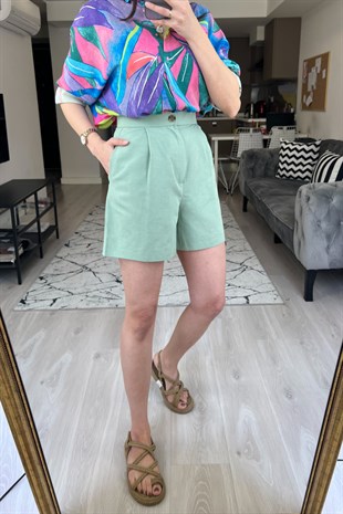 Mint Yeşili Keten Şort