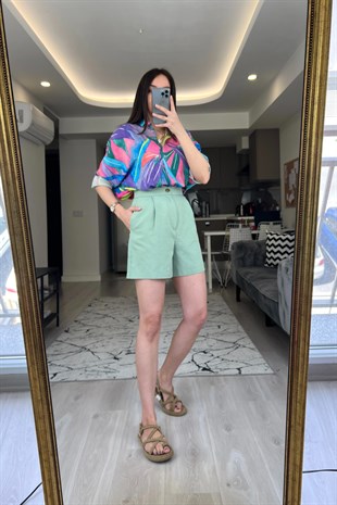 Mint Yeşili Keten Şort