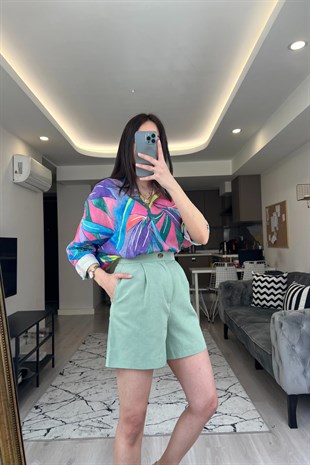 Mint Yeşili Keten Şort