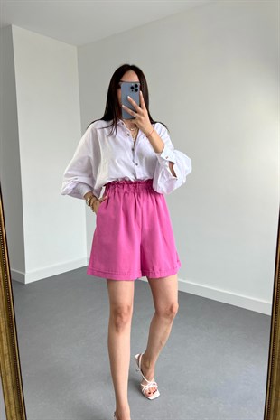 Pembe Keten Duble Paça Şort
