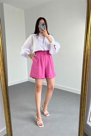 Pembe Keten Duble Paça Şort