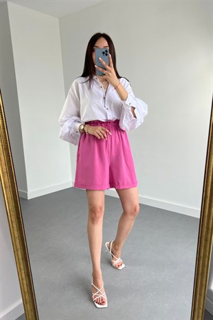 Pembe Keten Duble Paça Şort