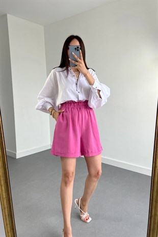 Pembe Keten Duble Paça Şort