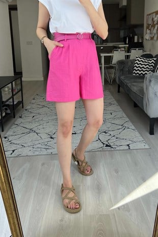 Pembe Keten Kemerli Şort
