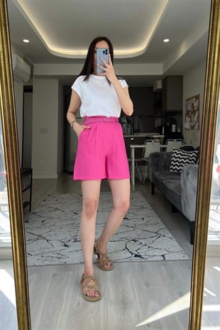 Pembe Keten Kemerli Şort