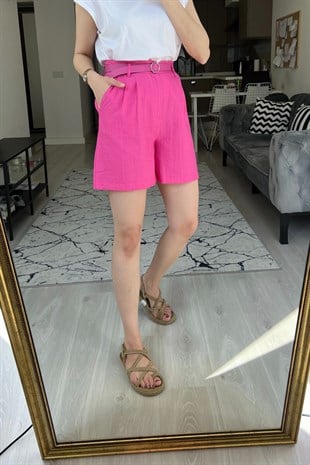 Pembe Keten Kemerli Şort