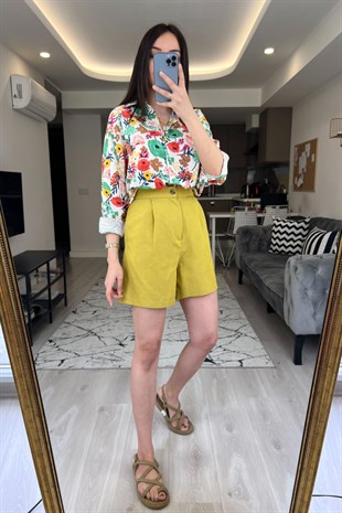 Yağ Yeşili Keten Şort