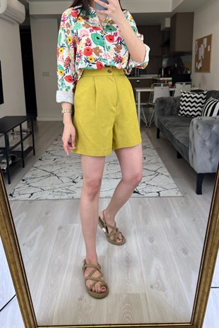 Yağ Yeşili Keten Şort