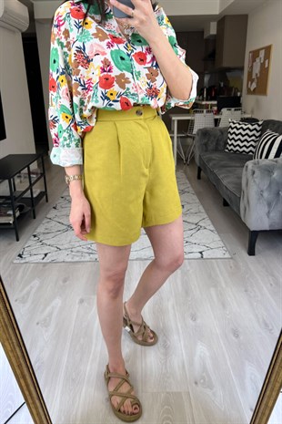 Yağ Yeşili Keten Şort