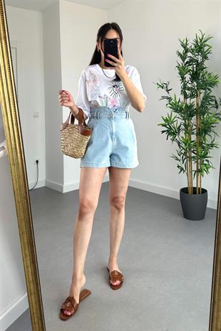 ZR Buz Mavi Beli Lastikli Mom Şort