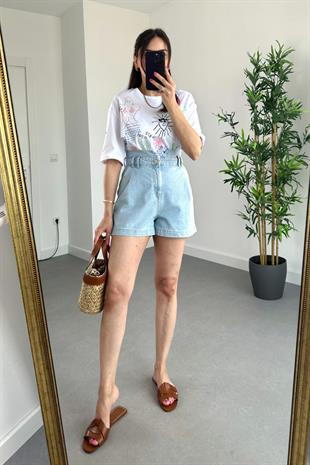 ZR Buz Mavi Beli Lastikli Mom Şort