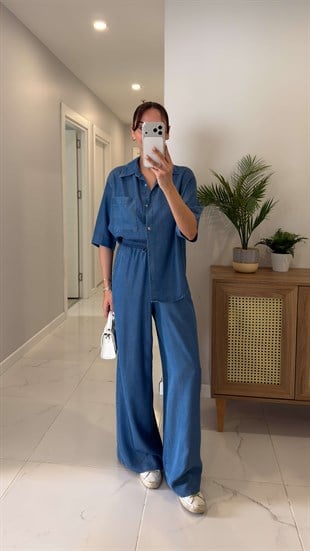 Stera Mavi Kısa Kollu Gömlek Pantolon Denim Takım
