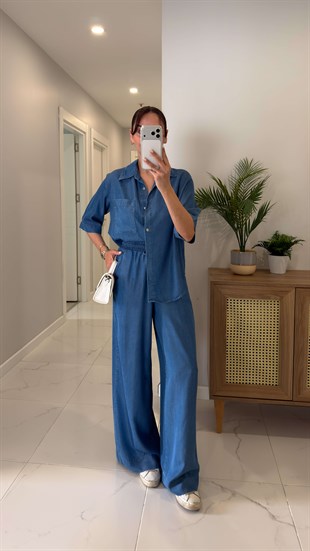 Stera Mavi Kısa Kollu Gömlek Pantolon Denim Takım
