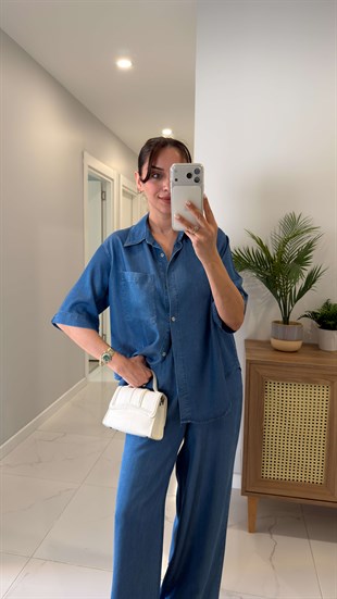 Stera Mavi Kısa Kollu Gömlek Pantolon Denim Takım
