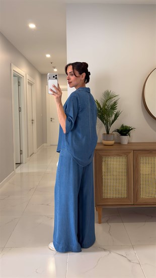 Stera Mavi Kısa Kollu Gömlek Pantolon Denim Takım