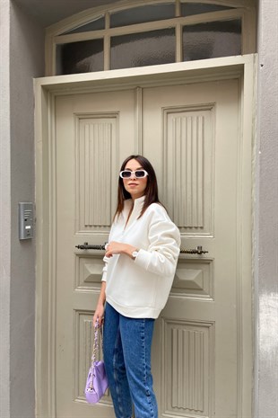 Beyaz Fermuarlı Sweatshirt