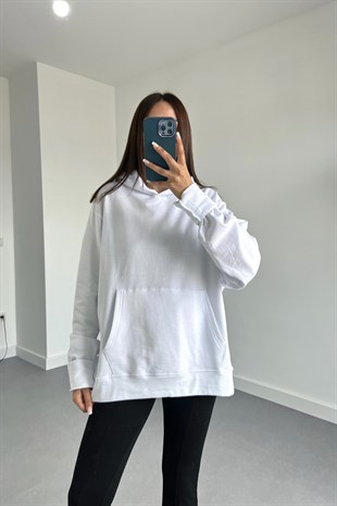 Beyaz Kapüşonlu Sweatshirt