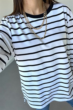 Çizgili Bisiklet Yaka Basic Sweatshirt