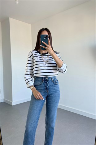 Çizgili Bisiklet Yaka Basic Sweatshirt