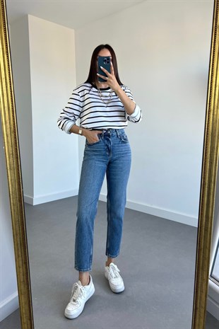 Çizgili Bisiklet Yaka Basic Sweatshirt