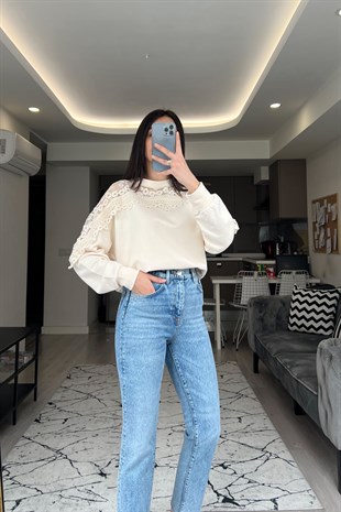 Cream Ekru Tül Detaylı Sweatshirt