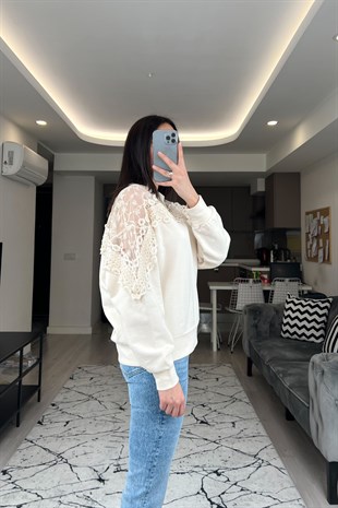 Cream Ekru Tül Detaylı Sweatshirt
