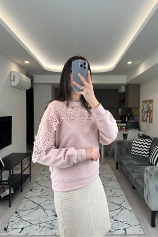 Cream Pembe Tül Detaylı Sweatshirt