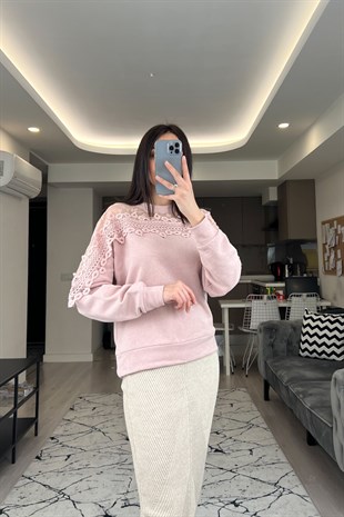 Cream Pembe Tül Detaylı Sweatshirt