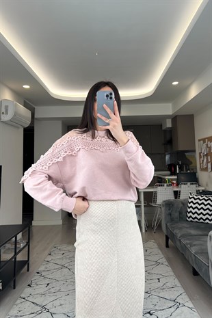 Cream Pembe Tül Detaylı Sweatshirt