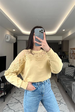 Cream Sarı Tül Detaylı Sweatshirt