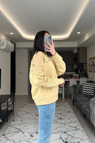 Cream Sarı Tül Detaylı Sweatshirt