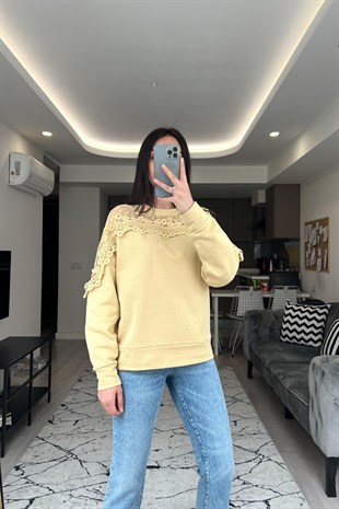 Cream Sarı Tül Detaylı Sweatshirt