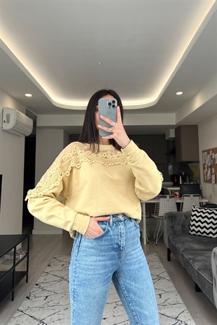 Cream Sarı Tül Detaylı Sweatshirt