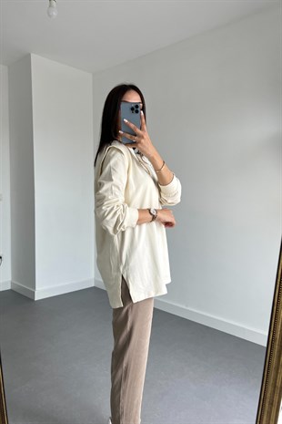 Ekru Omuz Detaylı Sweatshirt