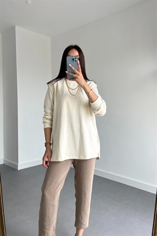Ekru Omuz Detaylı Sweatshirt