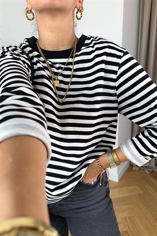 Flodi Siyah Beyaz Çizgili Basic Sweatshirt